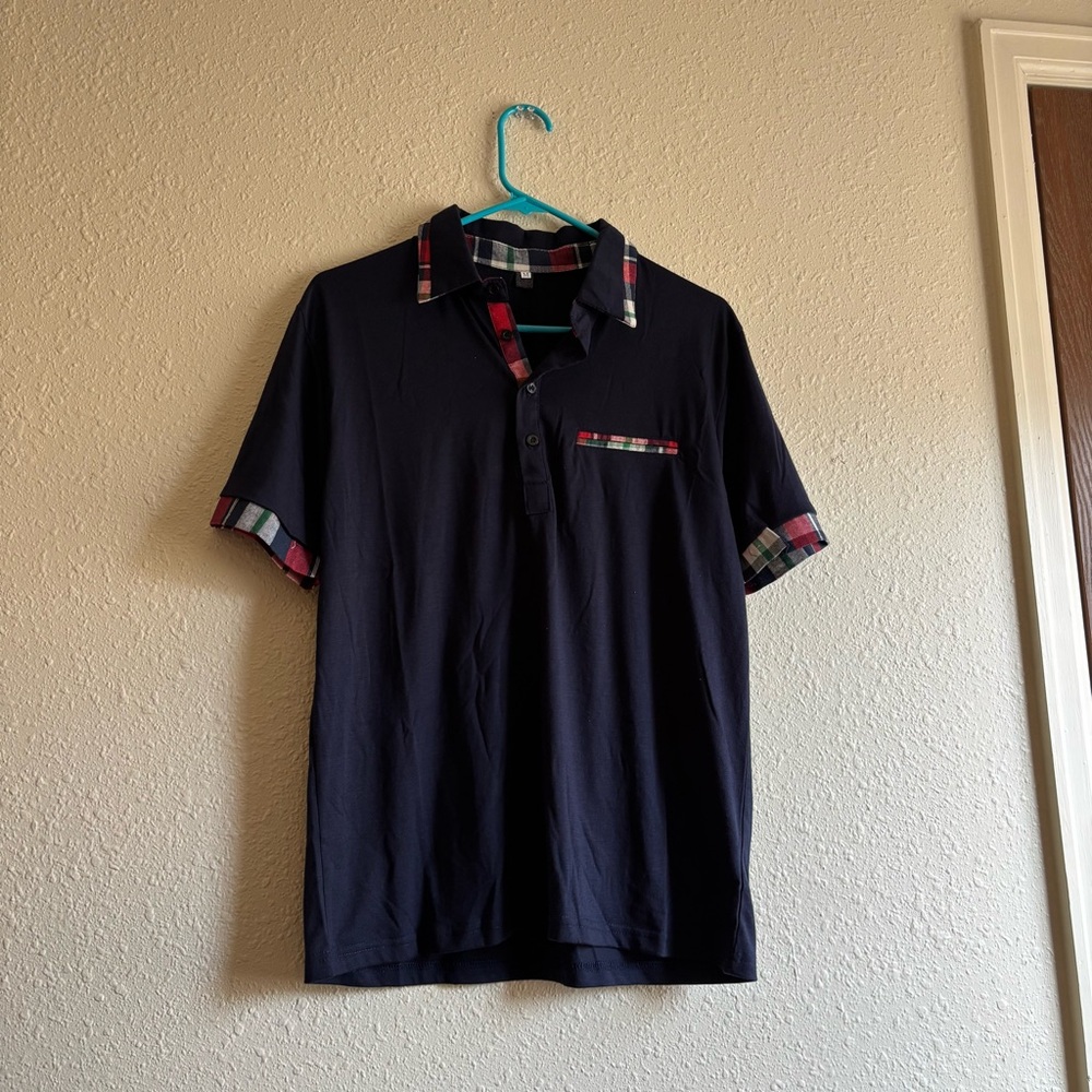 Classic Navy Polo Shirt with Plaid Details